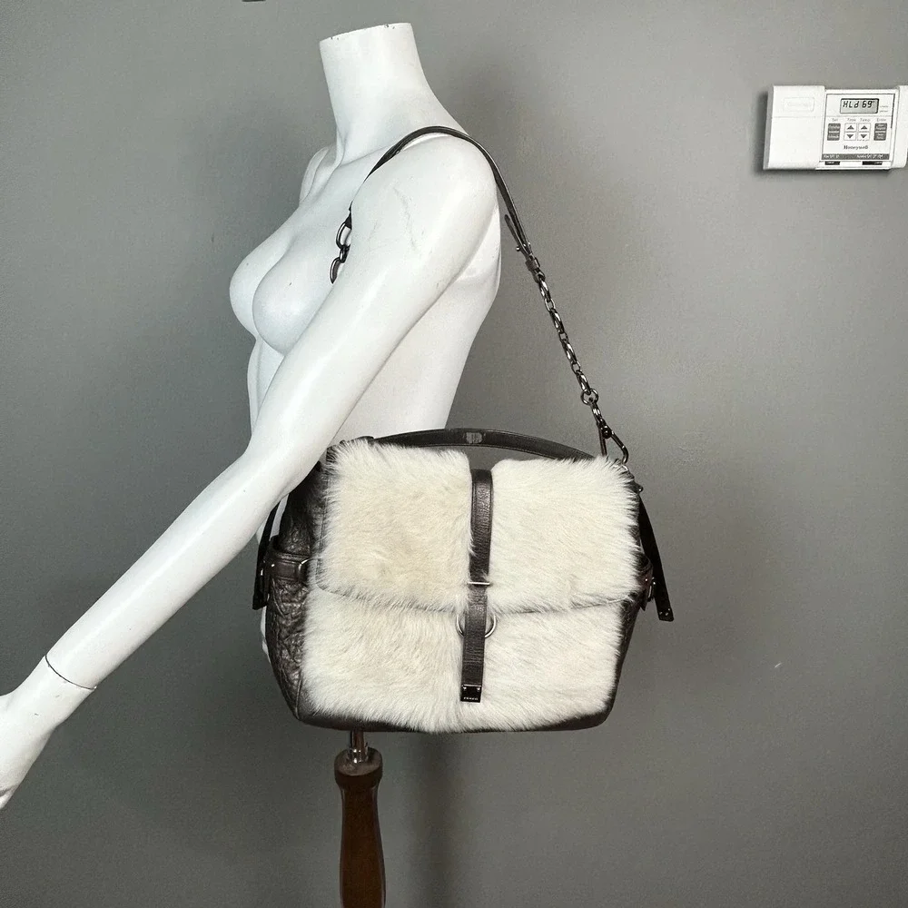 COACH Ltd Ed PINNACLE LEATHER FUR EVA TOP HANDLE TOTE‎ BAG PURSE SATCHEL 18662